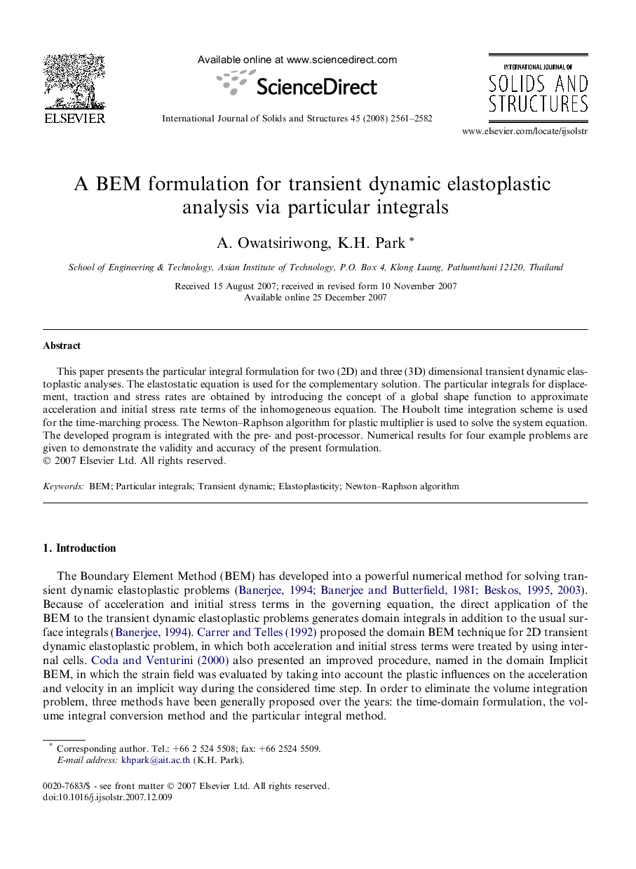 A BEM formulation for transient dynamic elastoplastic analysis via particular integrals