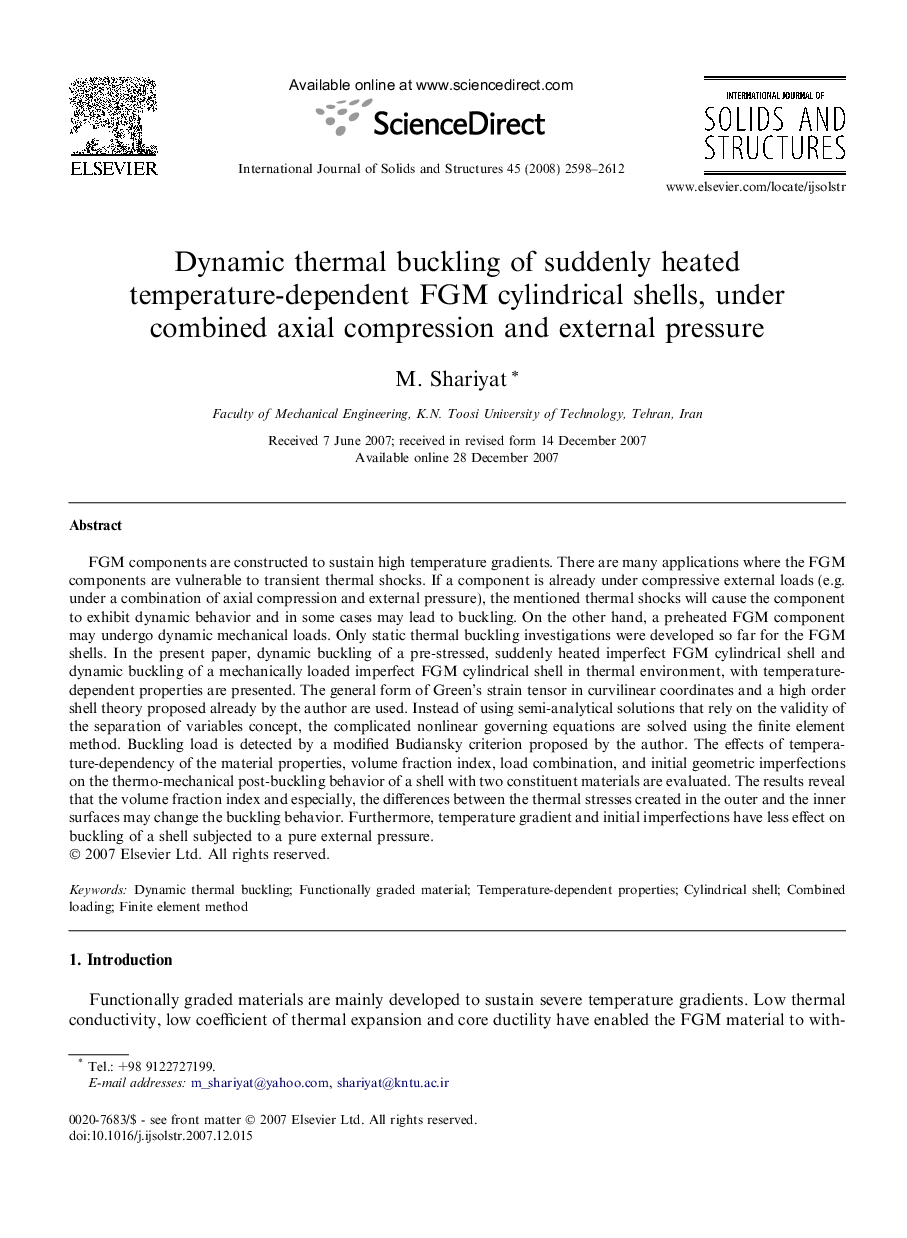 Dynamic thermal buckling of suddenly heated temperature-dependent FGM cylindrical shells, under combined axial compression and external pressure