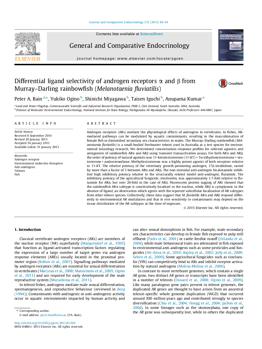 Differential ligand selectivity of androgen receptors α and β from Murray–Darling rainbowfish (Melanotaenia fluviatilis)