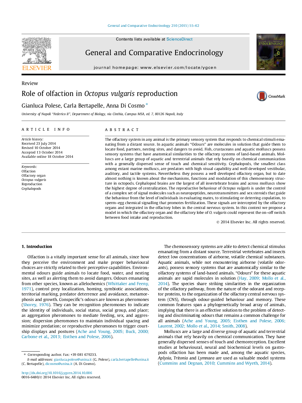 Role of olfaction in Octopus vulgaris reproduction