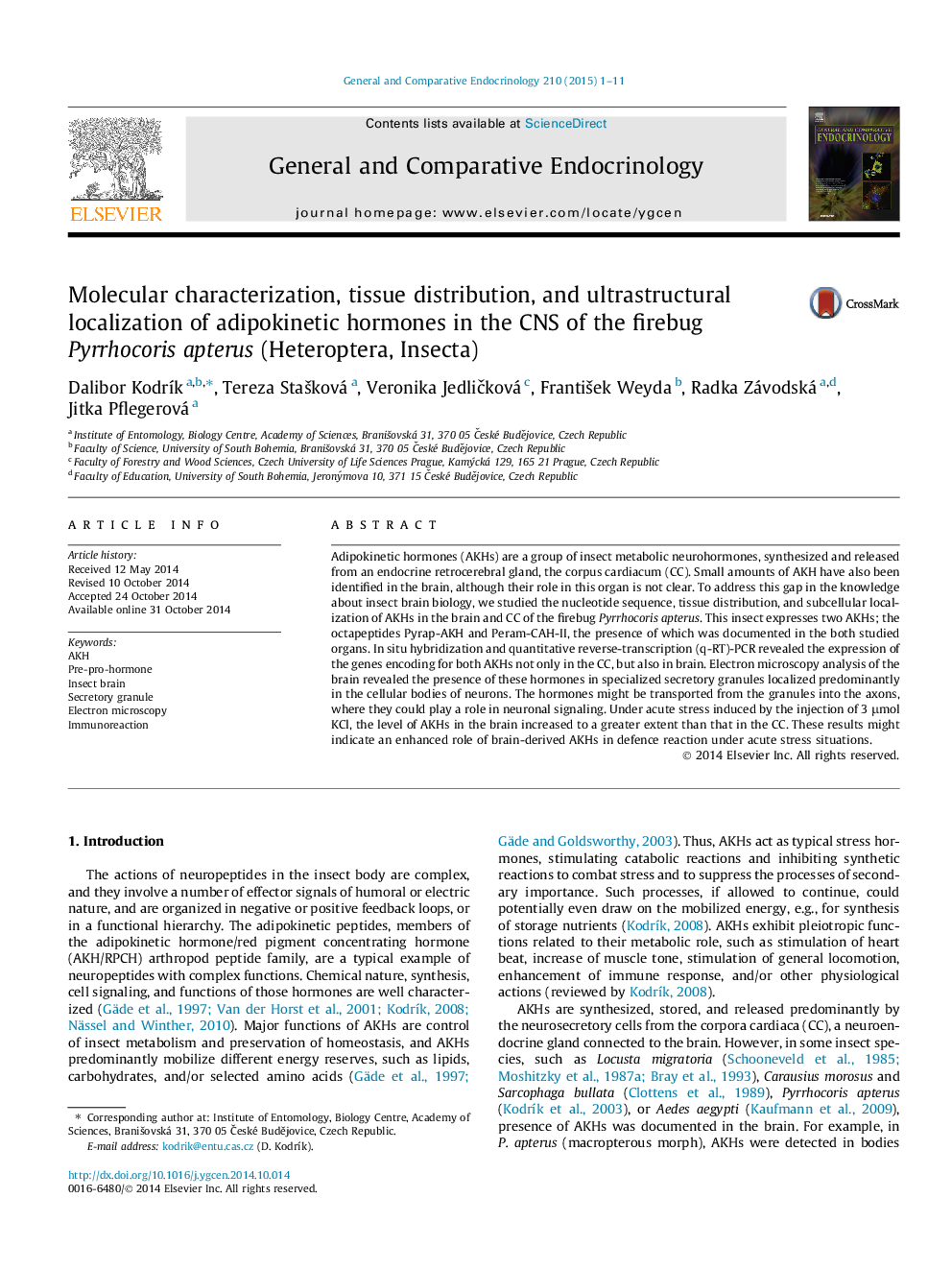 Molecular characterization, tissue distribution, and ultrastructural localization of adipokinetic hormones in the CNS of the firebug Pyrrhocoris apterus (Heteroptera, Insecta)