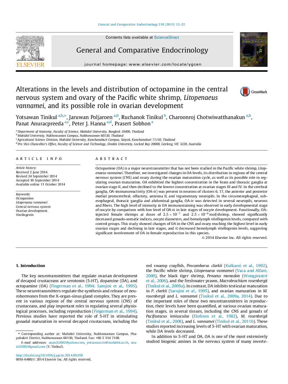 عکس صفحه اول مقاله: Alterations in the levels and distribution of octopamine in the central nervous system and ovary of the Pacific white shrimp, Litopenaeus vannamei, and its possible role in ovarian development Alterations in the levels and distribution of octopamine in the central nervous system and ovary of the Pacific white shrimp, Litopenaeus vannamei, and its possible role in ovarian development