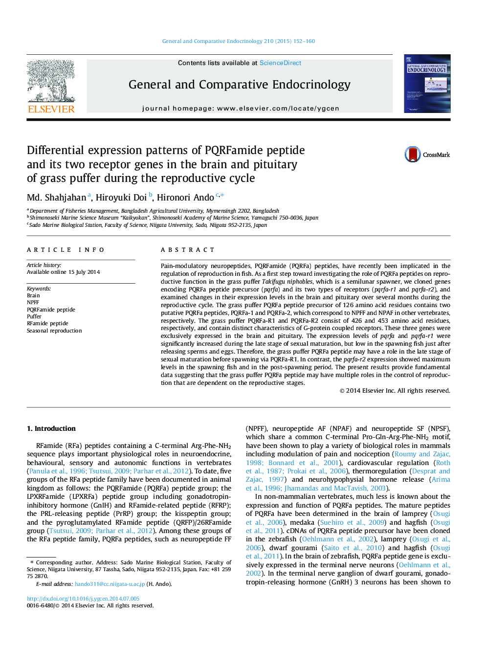 Differential expression patterns of PQRFamide peptide and its two receptor genes in the brain and pituitary of grass puffer during the reproductive cycle