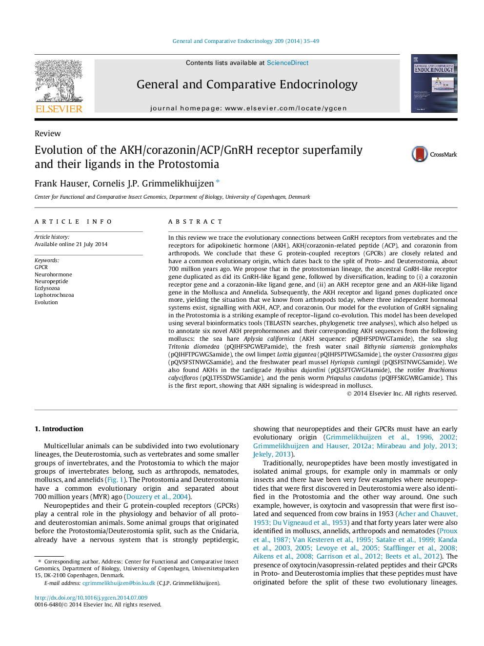 Evolution of the AKH/corazonin/ACP/GnRH receptor superfamily and their ligands in the Protostomia