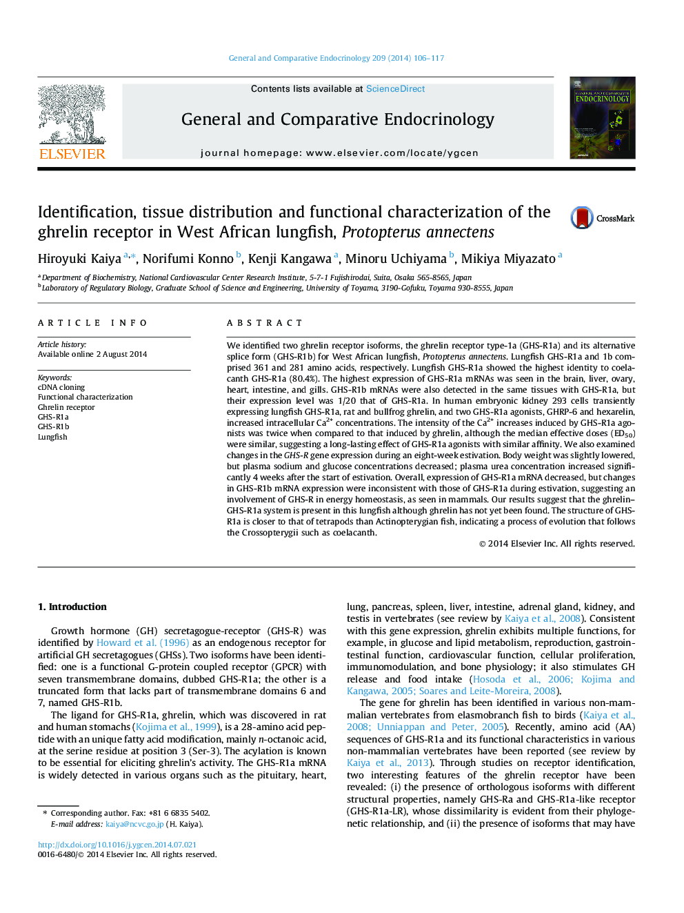 Identification, tissue distribution and functional characterization of the ghrelin receptor in West African lungfish, Protopterus annectens