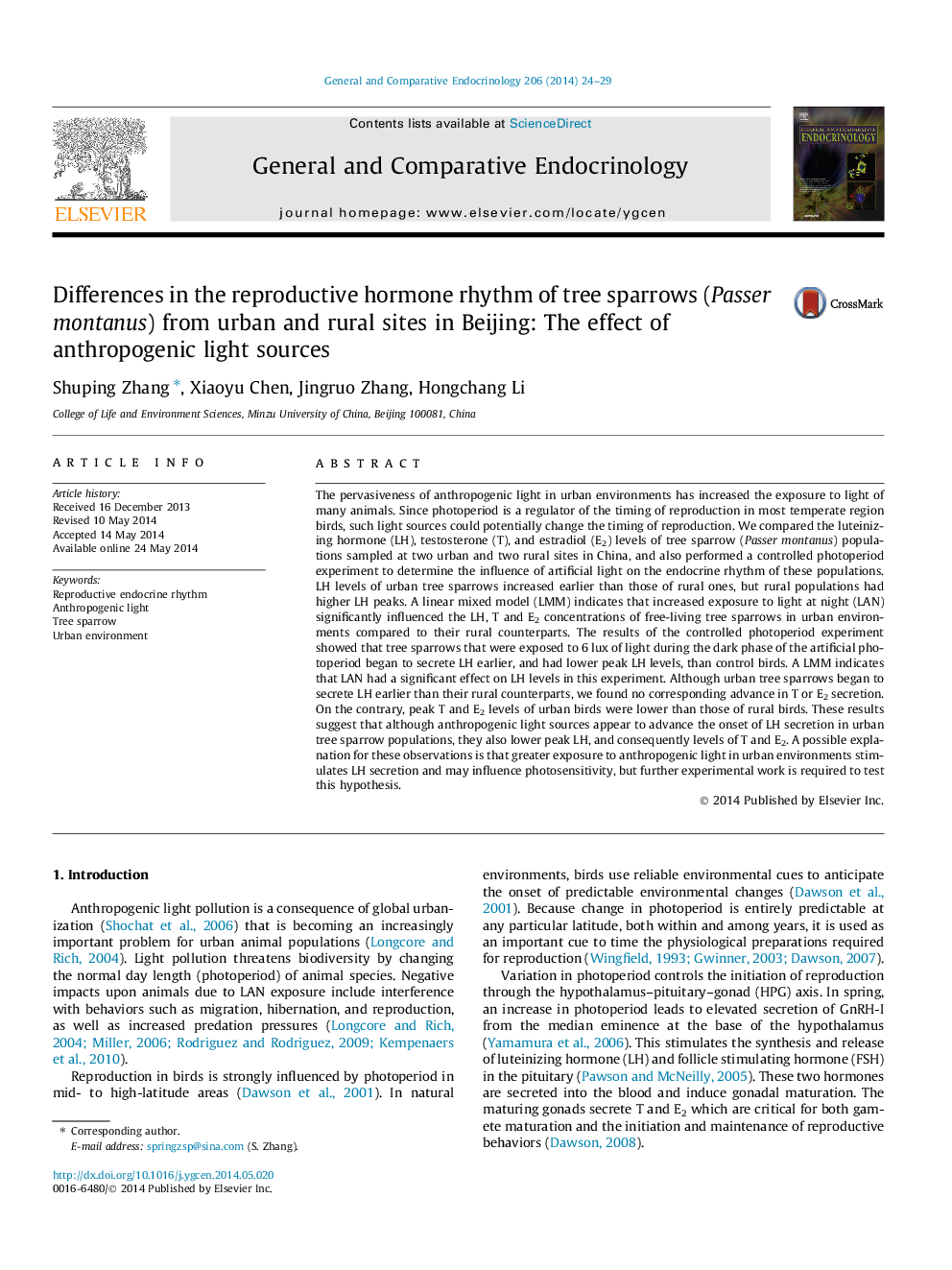 Differences in the reproductive hormone rhythm of tree sparrows (Passer montanus) from urban and rural sites in Beijing: The effect of anthropogenic light sources