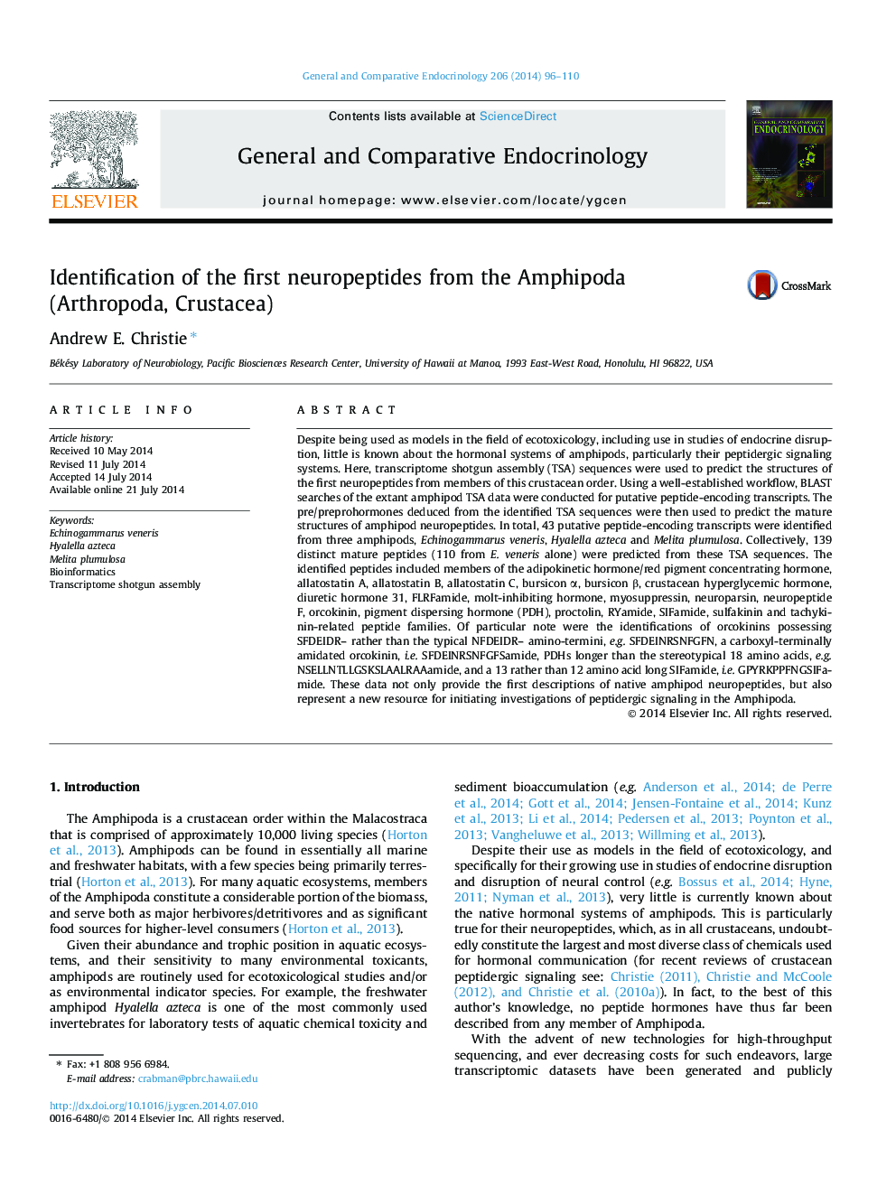 Identification of the first neuropeptides from the Amphipoda (Arthropoda, Crustacea)