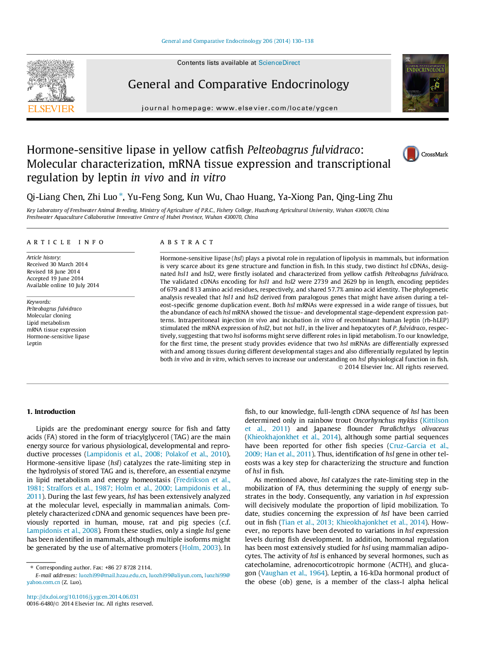 Hormone-sensitive lipase in yellow catfish Pelteobagrus fulvidraco: Molecular characterization, mRNA tissue expression and transcriptional regulation by leptin in vivo and in vitro