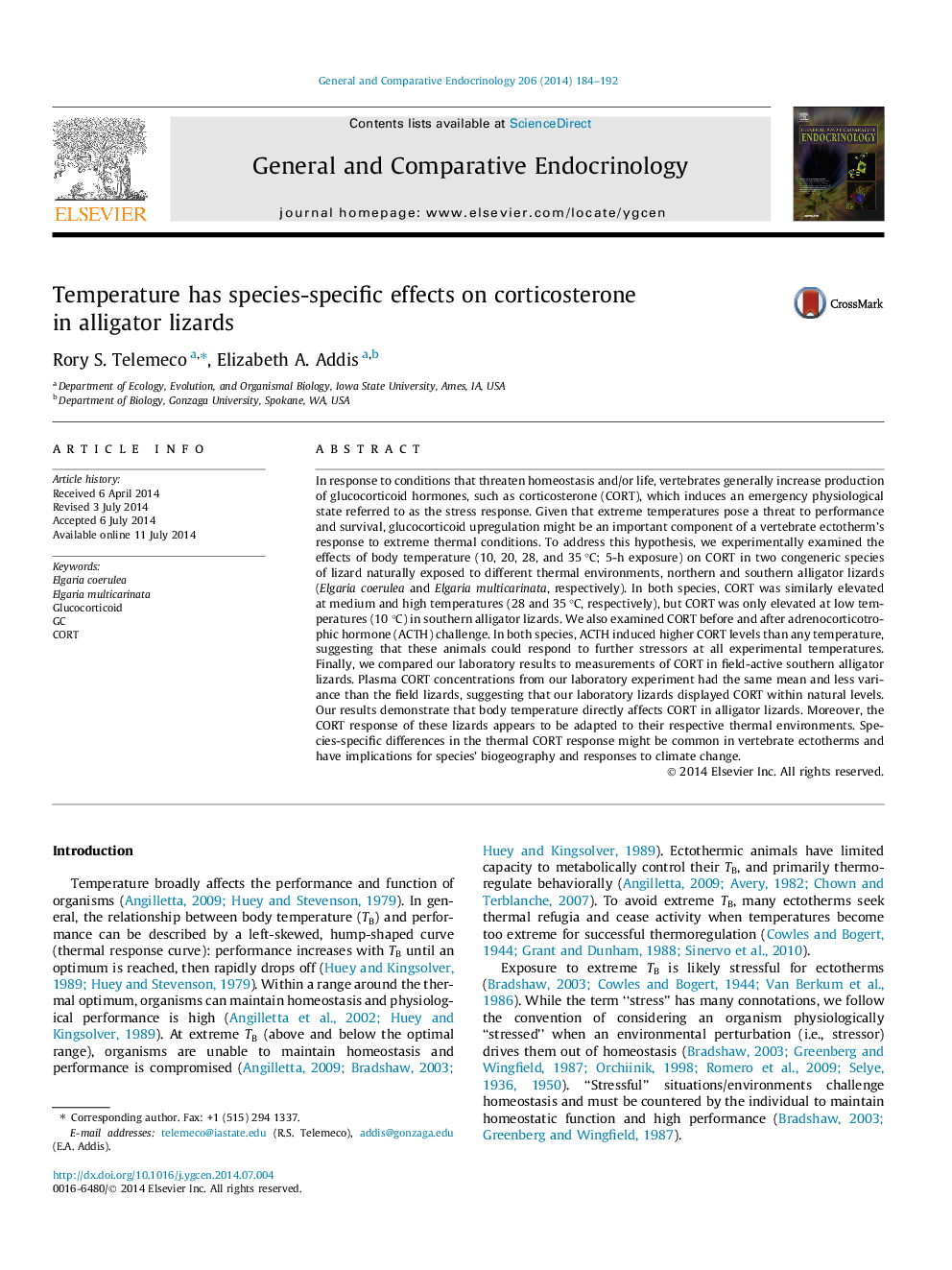 Temperature has species-specific effects on corticosterone in alligator lizards