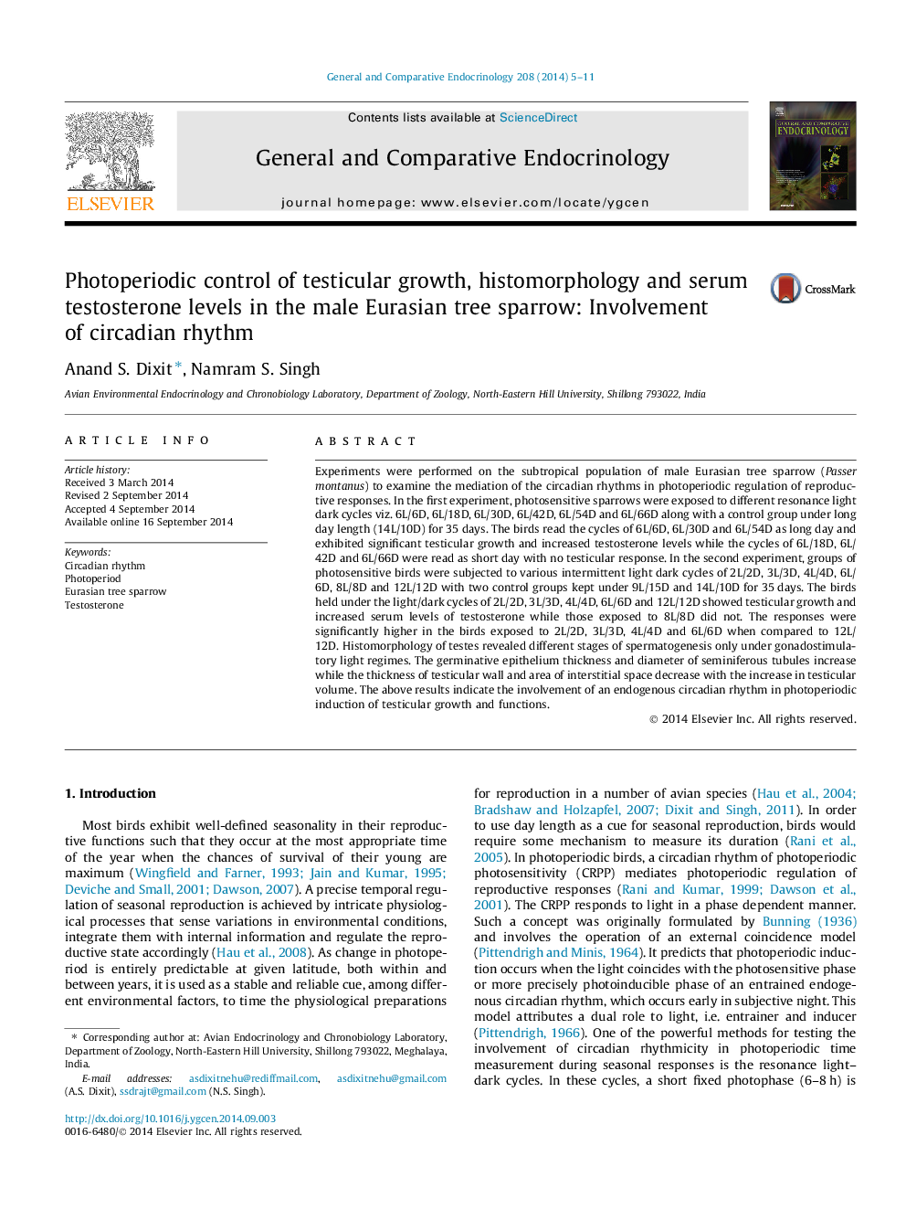 Photoperiodic control of testicular growth, histomorphology and serum testosterone levels in the male Eurasian tree sparrow: Involvement of circadian rhythm