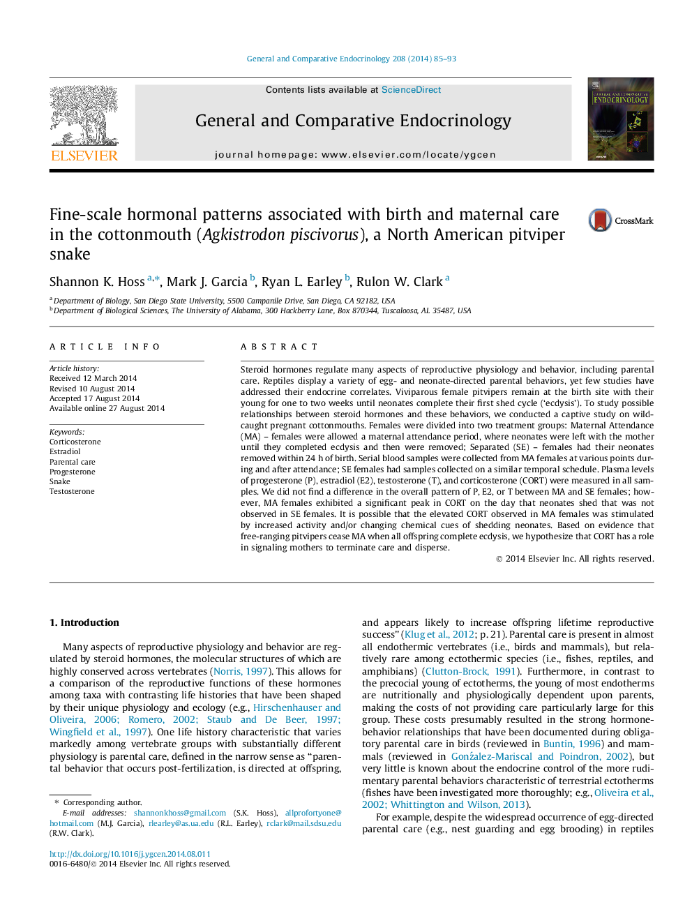 Fine-scale hormonal patterns associated with birth and maternal care in the cottonmouth (Agkistrodon piscivorus), a North American pitviper snake