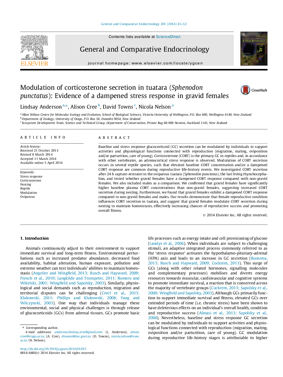 عکس صفحه اول مقاله: Modulation of corticosterone secretion in tuatara (Sphenodon punctatus): Evidence of a dampened stress response in gravid females Modulation of corticosterone secretion in tuatara (Sphenodon punctatus): Evidence of a dampened stress response in gravid females