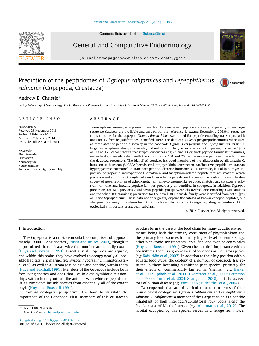 Prediction of the peptidomes of Tigriopus californicus and Lepeophtheirus salmonis (Copepoda, Crustacea)