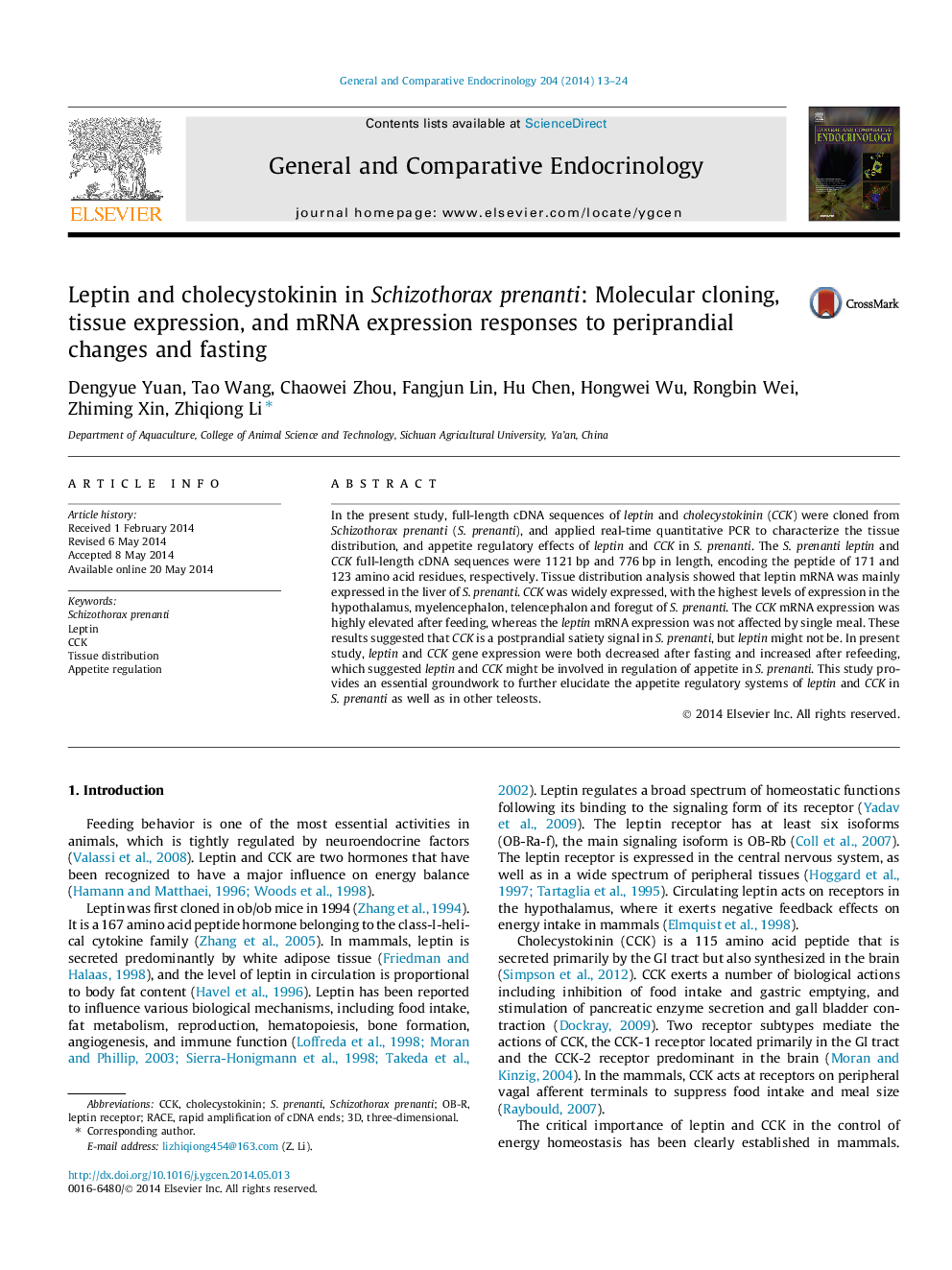 Leptin and cholecystokinin in Schizothorax prenanti: Molecular cloning, tissue expression, and mRNA expression responses to periprandial changes and fasting