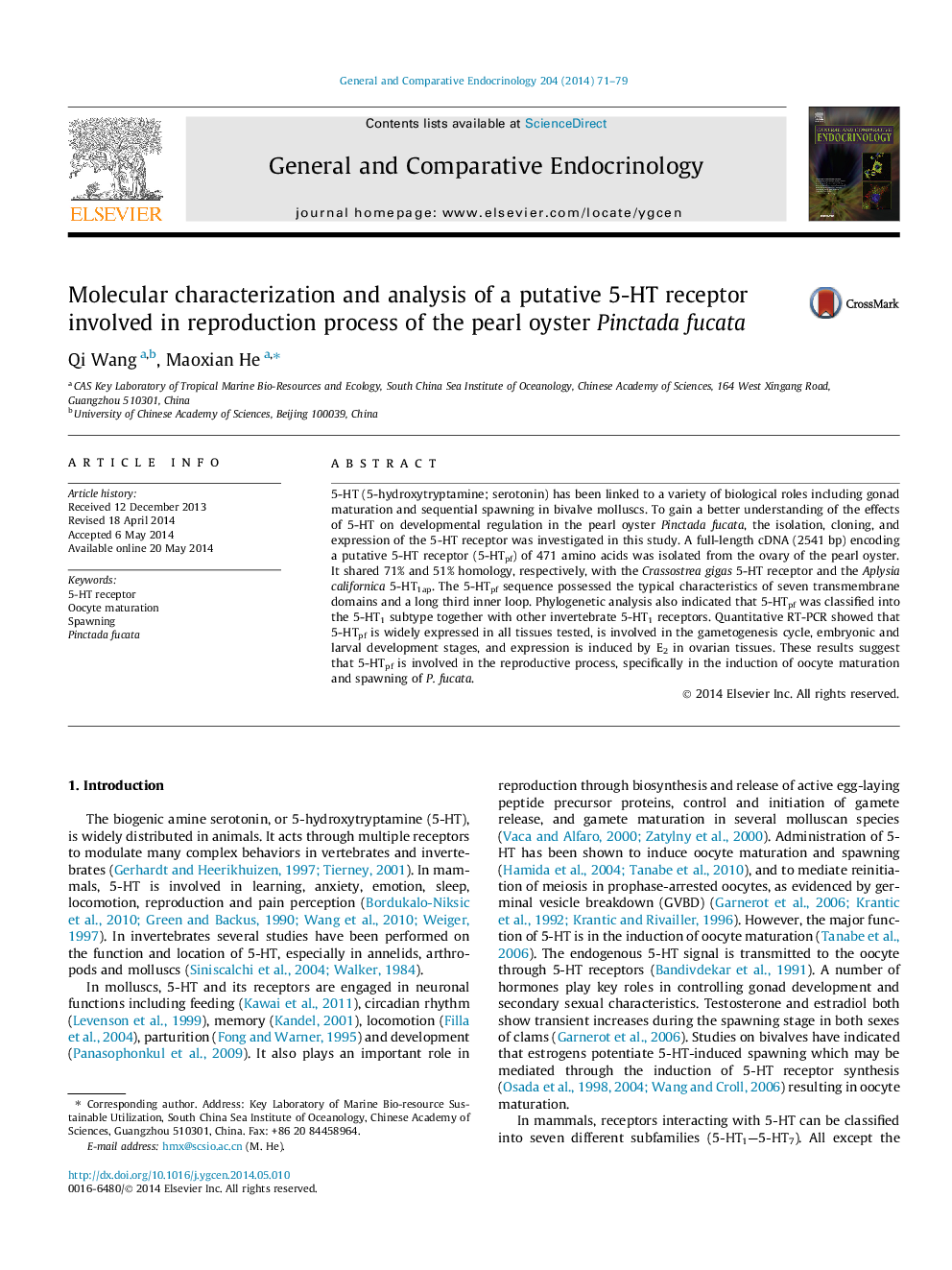 Molecular characterization and analysis of a putative 5-HT receptor involved in reproduction process of the pearl oyster Pinctada fucata