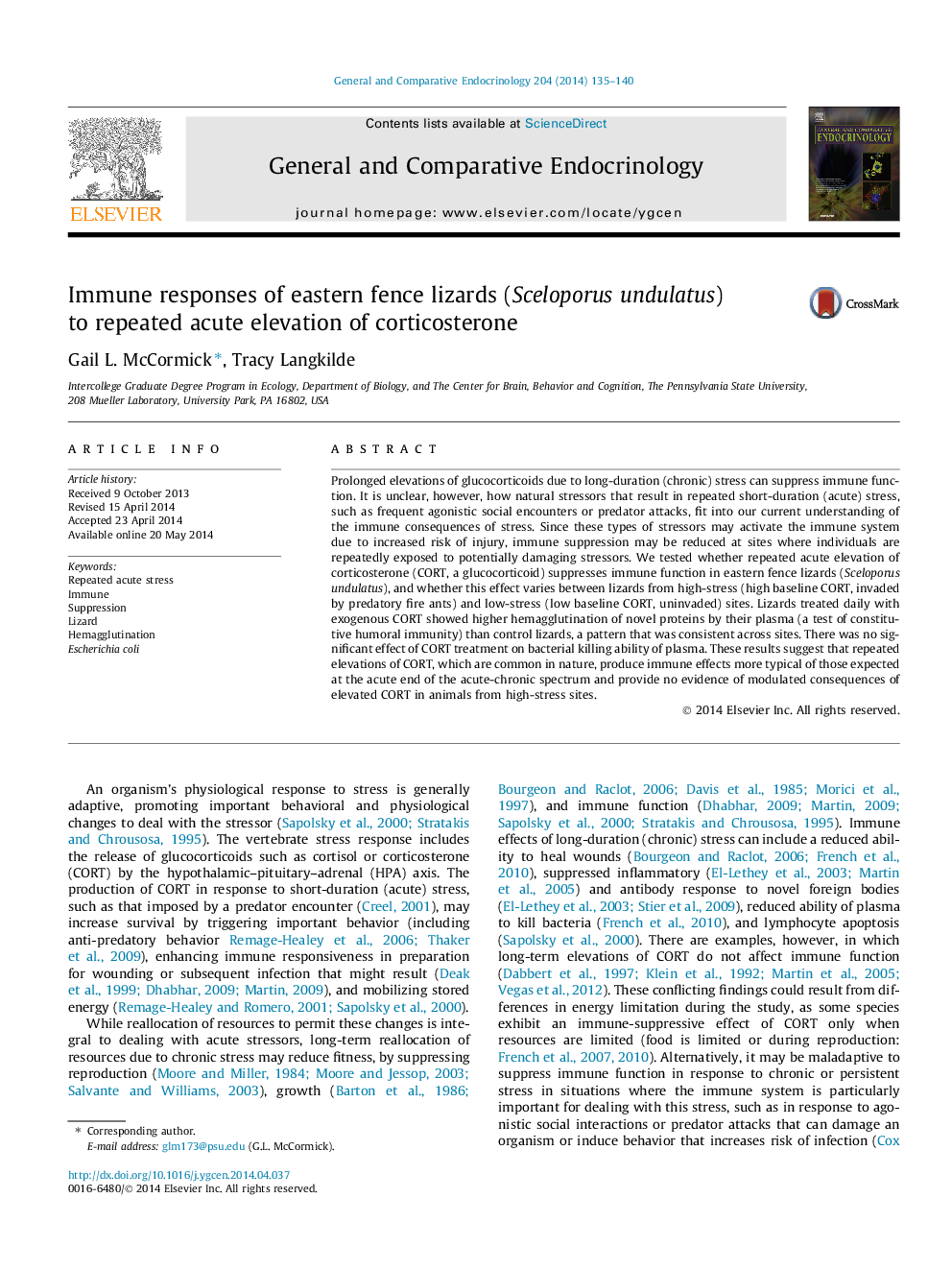 Immune responses of eastern fence lizards (Sceloporus undulatus) to repeated acute elevation of corticosterone