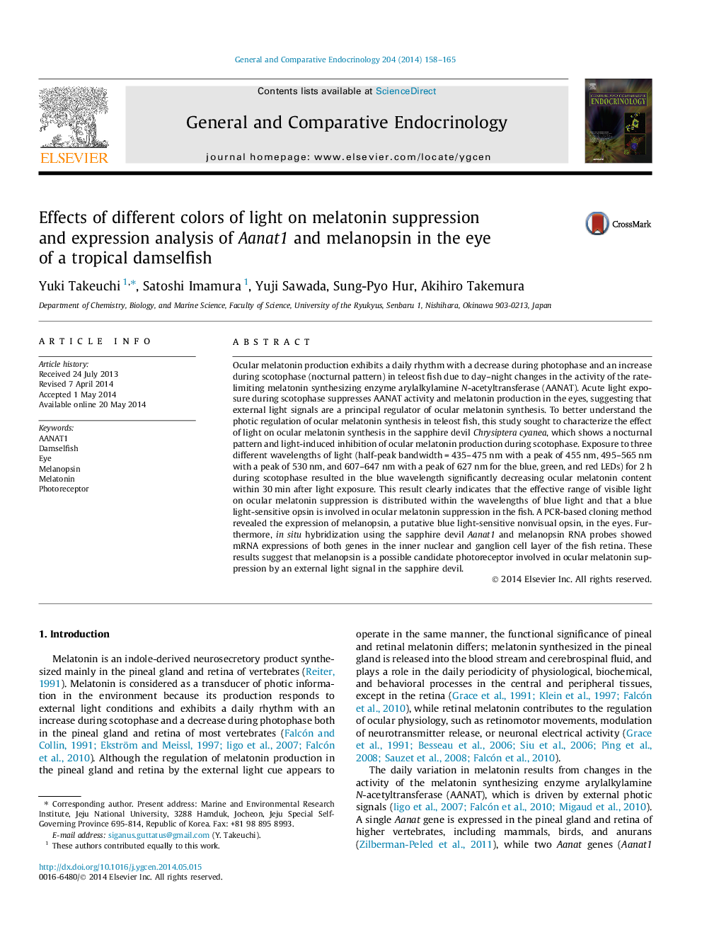 Effects of different colors of light on melatonin suppression and expression analysis of Aanat1 and melanopsin in the eye of a tropical damselfish