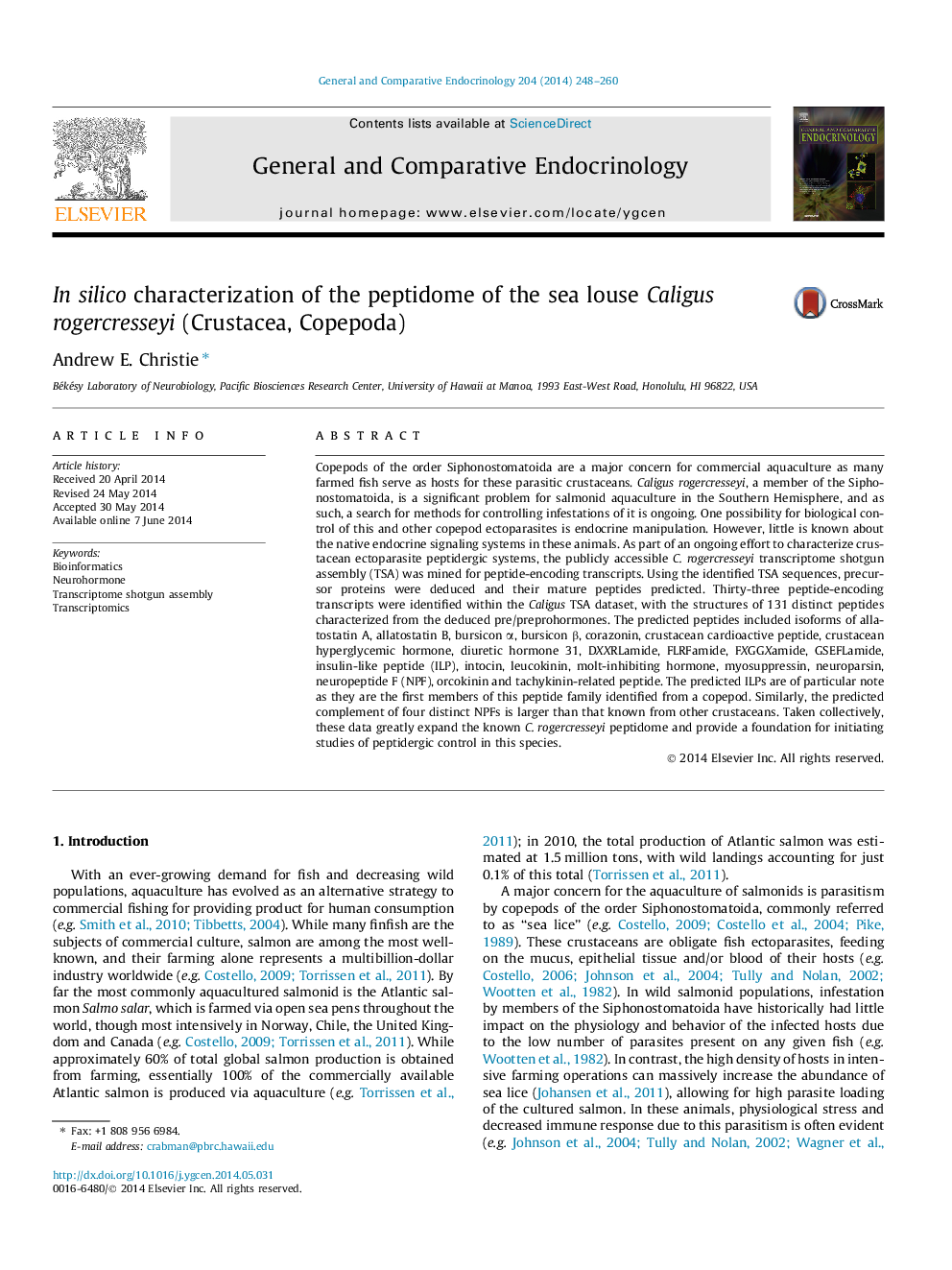 In silico characterization of the peptidome of the sea louse Caligus rogercresseyi (Crustacea, Copepoda)