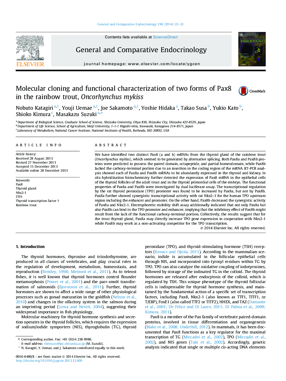 Molecular cloning and functional characterization of two forms of Pax8 in the rainbow trout, Oncorhynchus mykiss