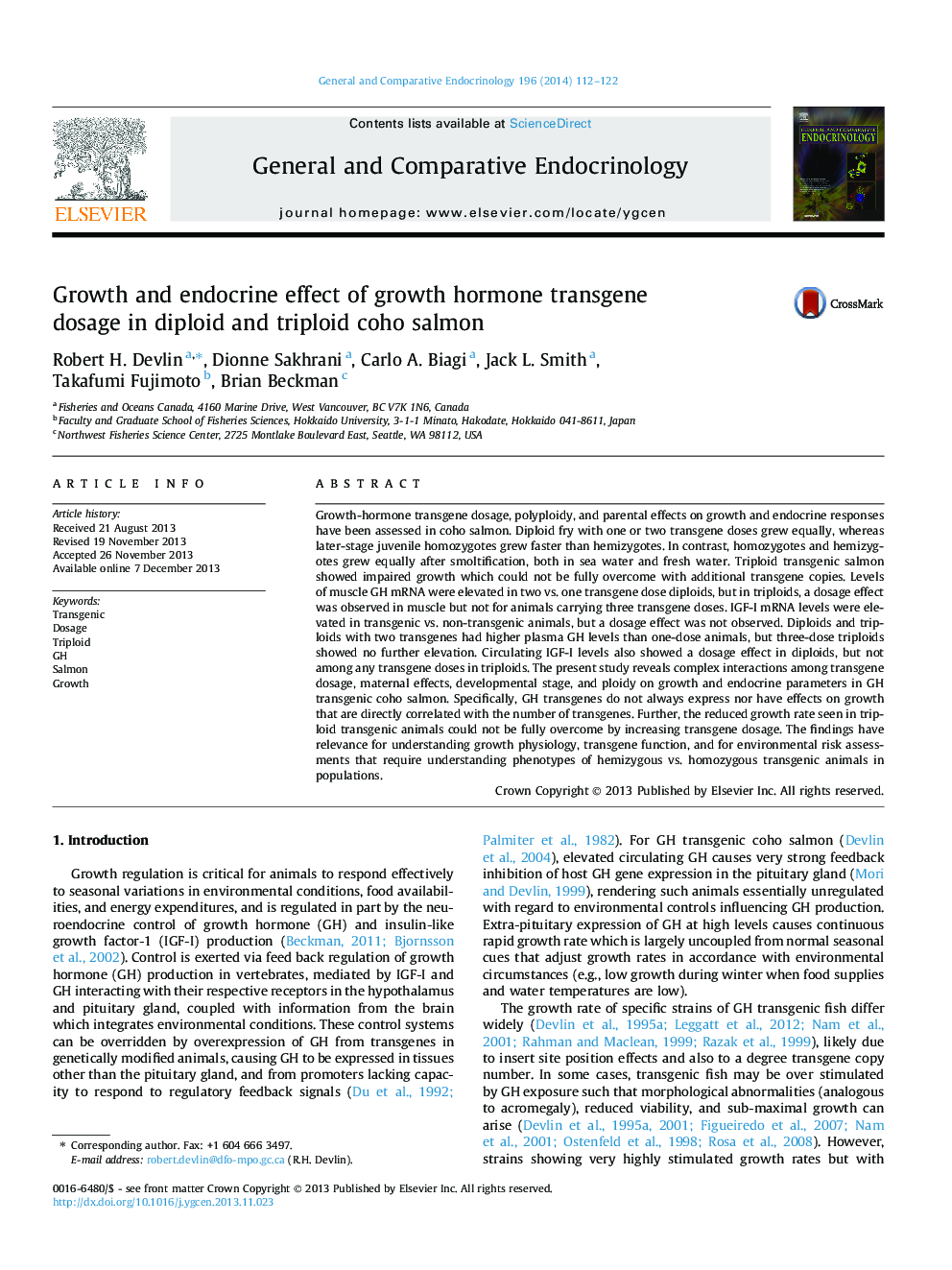 Growth and endocrine effect of growth hormone transgene dosage in diploid and triploid coho salmon