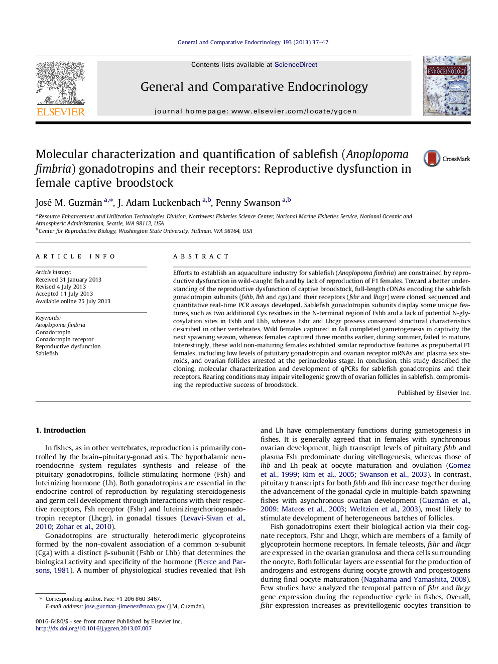 Molecular characterization and quantification of sablefish (Anoplopoma fimbria) gonadotropins and their receptors: Reproductive dysfunction in female captive broodstock