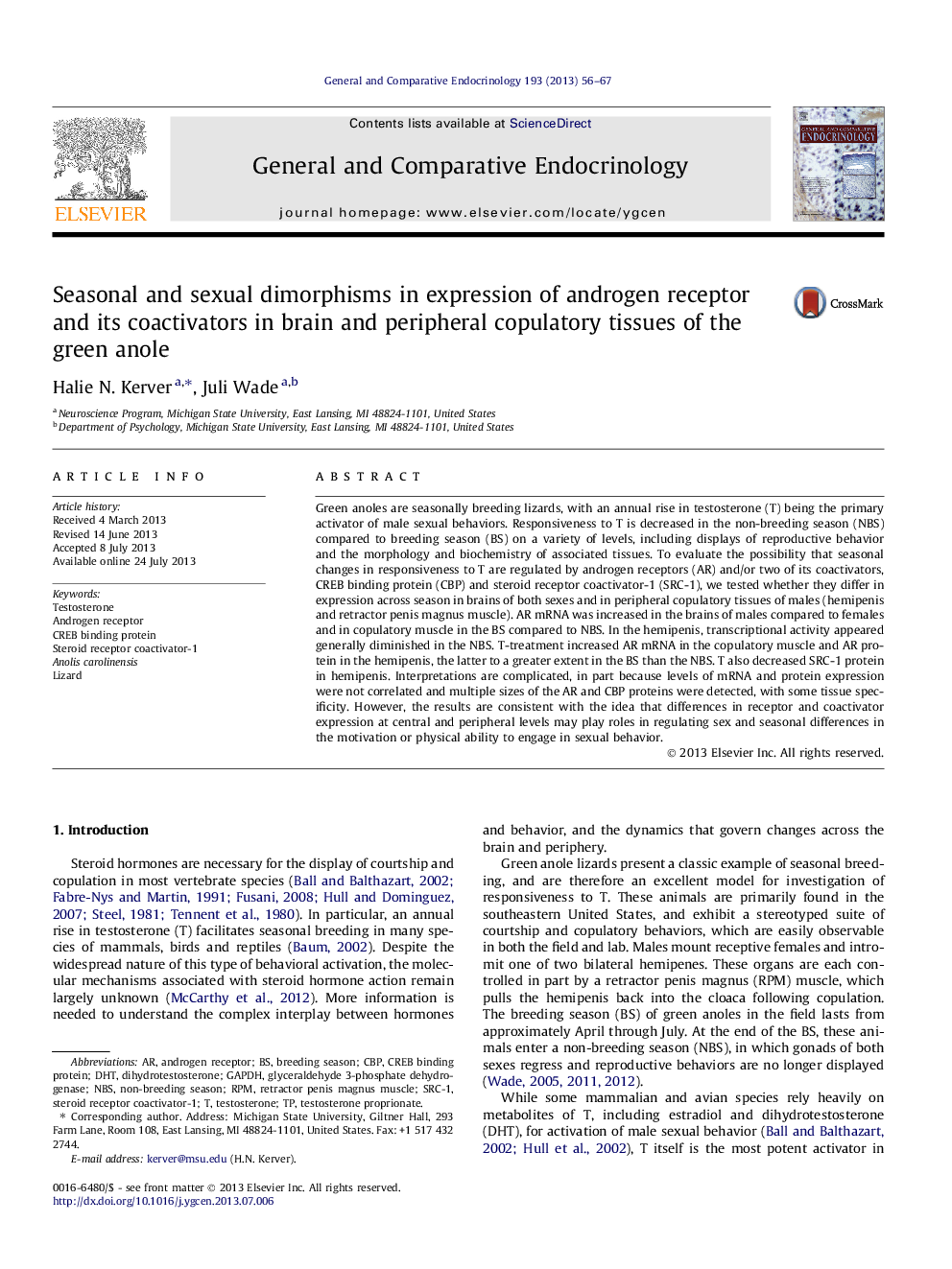 Seasonal and sexual dimorphisms in expression of androgen receptor and its coactivators in brain and peripheral copulatory tissues of the green anole