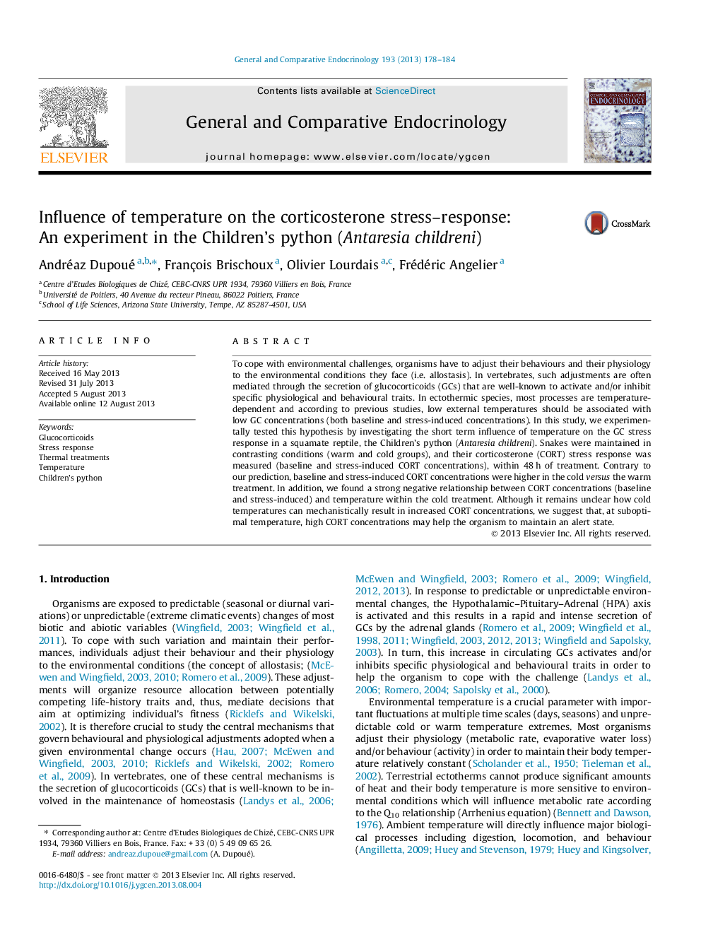 Influence of temperature on the corticosterone stress–response: An experiment in the Children’s python (Antaresia childreni)