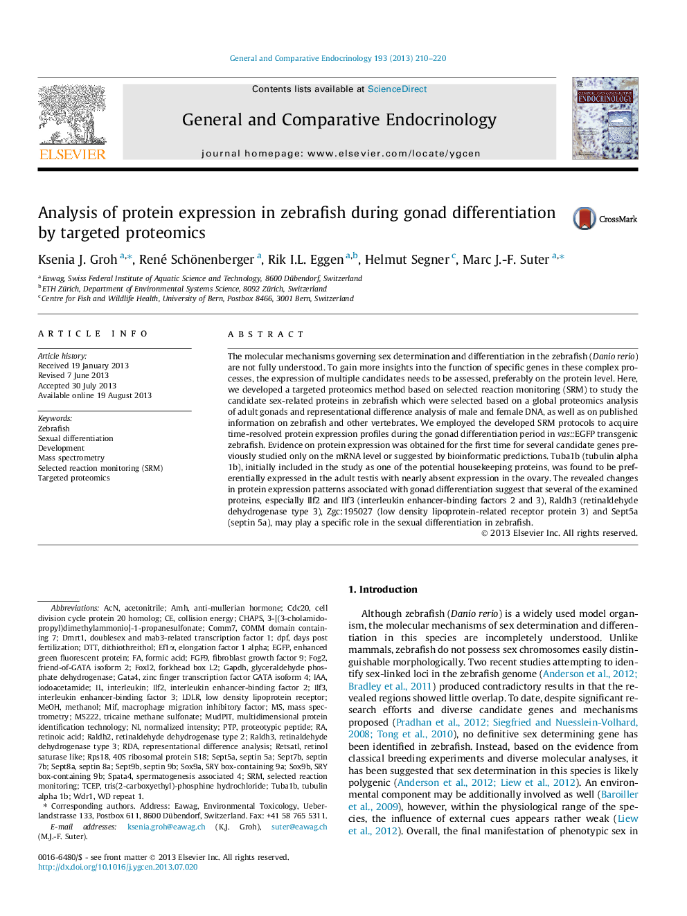 Analysis of protein expression in zebrafish during gonad differentiation by targeted proteomics