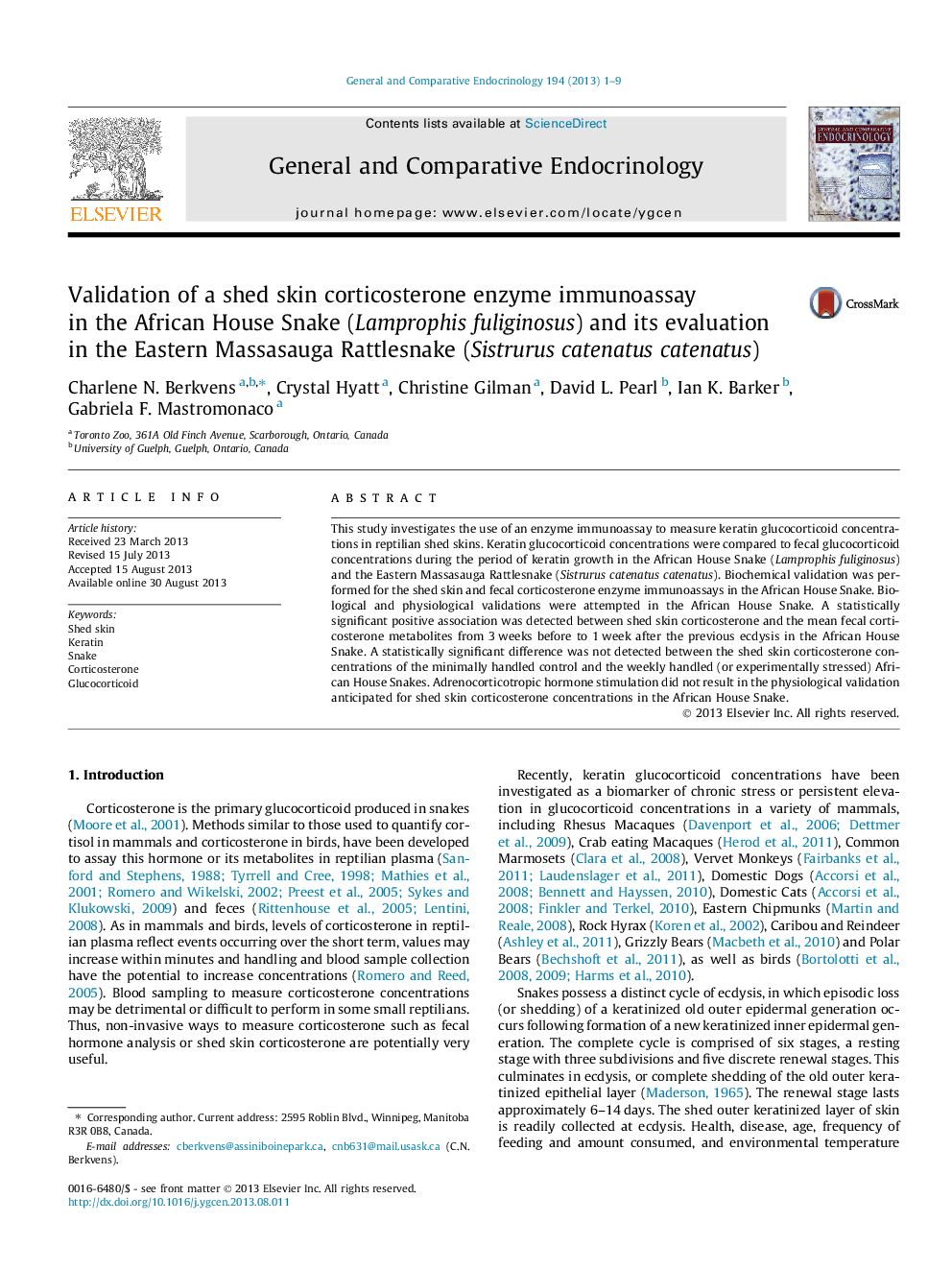 Validation of a shed skin corticosterone enzyme immunoassay in the African House Snake (Lamprophis fuliginosus) and its evaluation in the Eastern Massasauga Rattlesnake (Sistrurus catenatus catenatus)