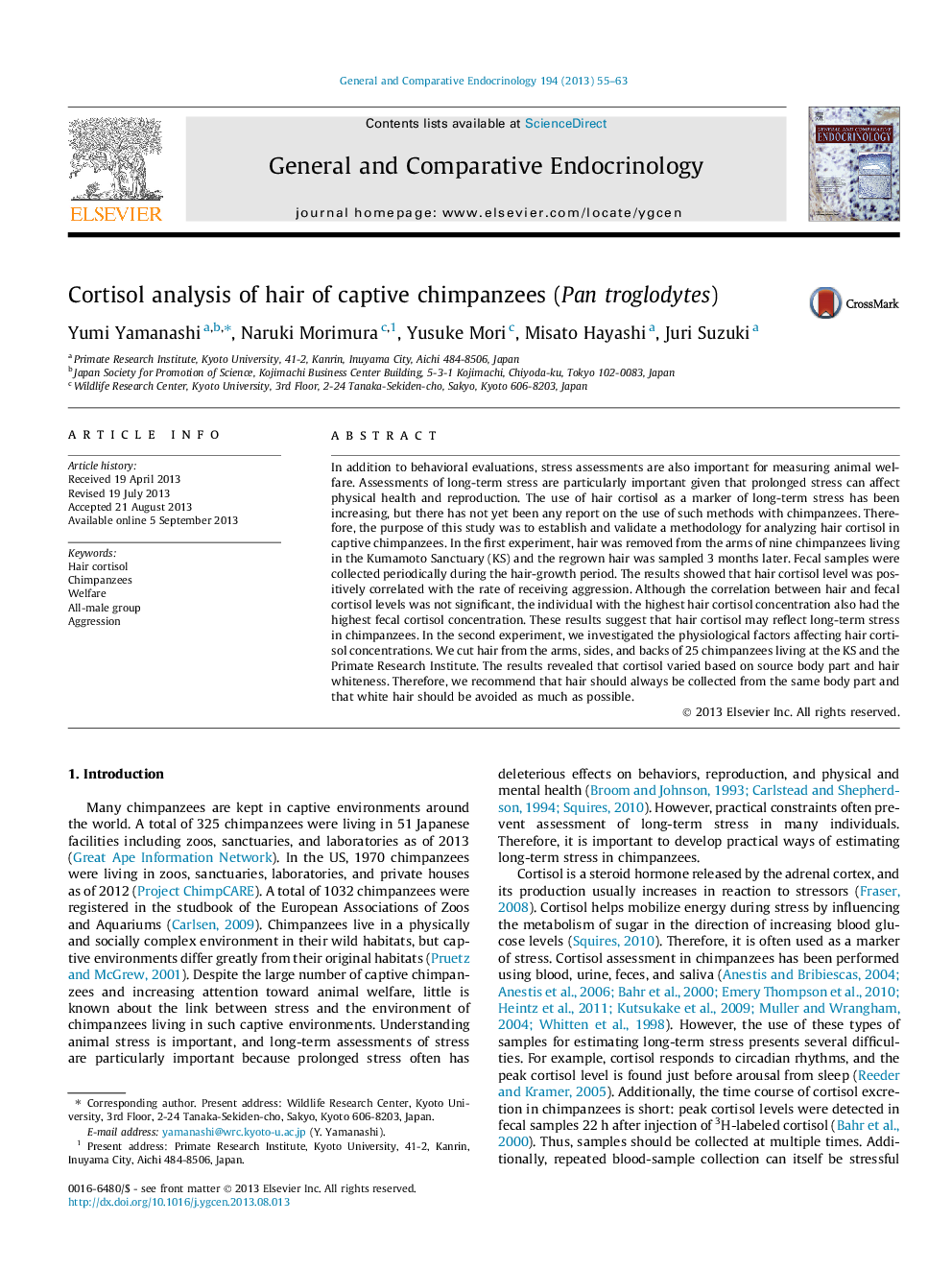 Cortisol analysis of hair of captive chimpanzees (Pan troglodytes)