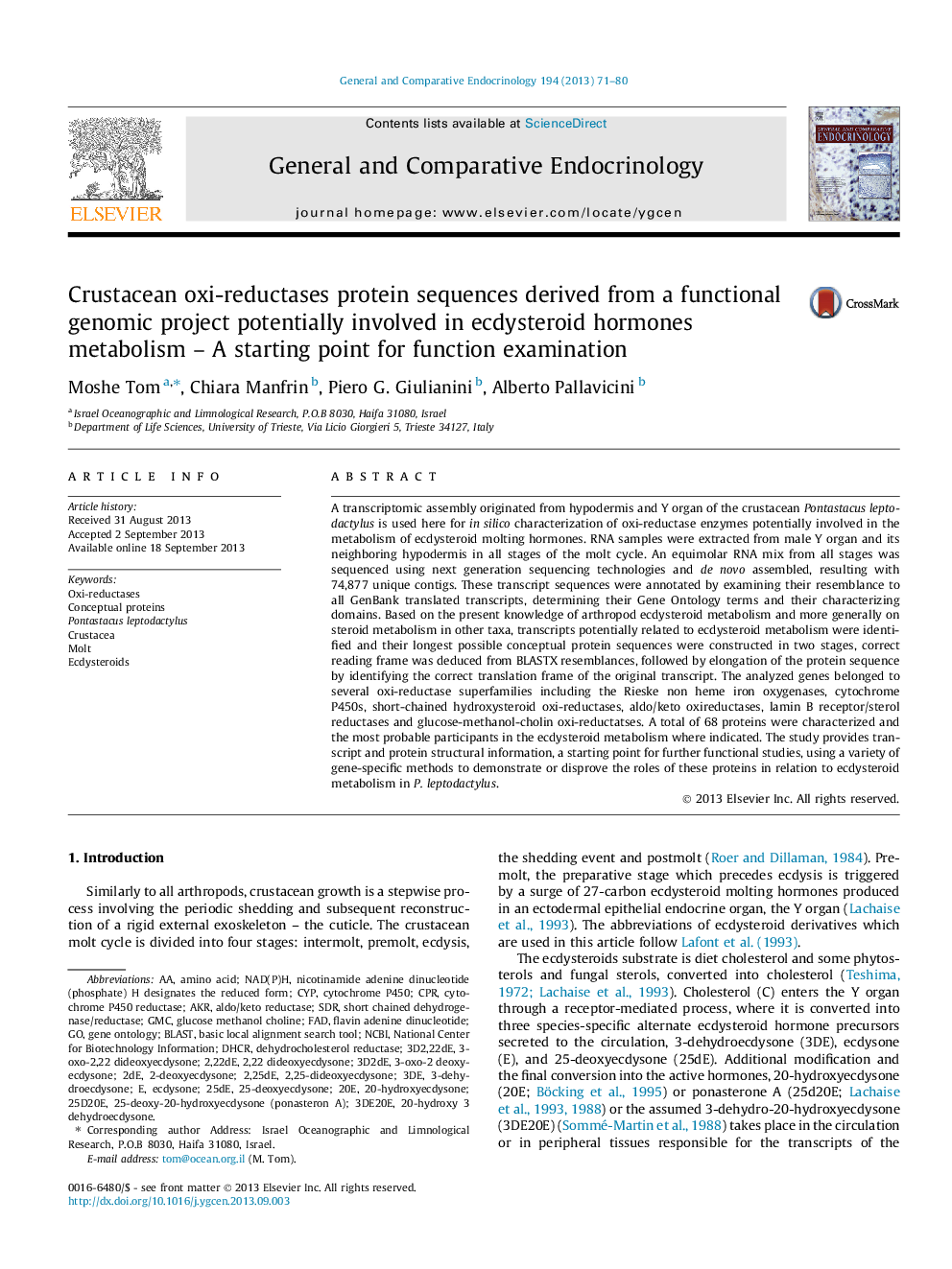 Crustacean oxi-reductases protein sequences derived from a functional genomic project potentially involved in ecdysteroid hormones metabolism – A starting point for function examination