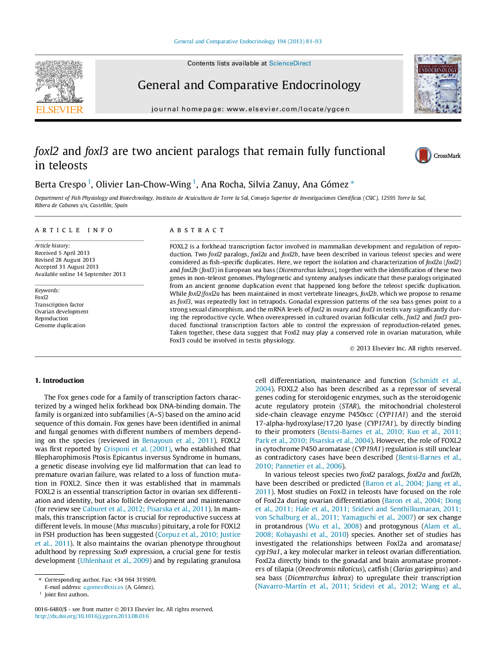 عکس صفحه اول مقاله: foxl2 and foxl3 are two ancient paralogs that remain fully functional in teleosts foxl2 and foxl3 are two ancient paralogs that remain fully functional in teleosts