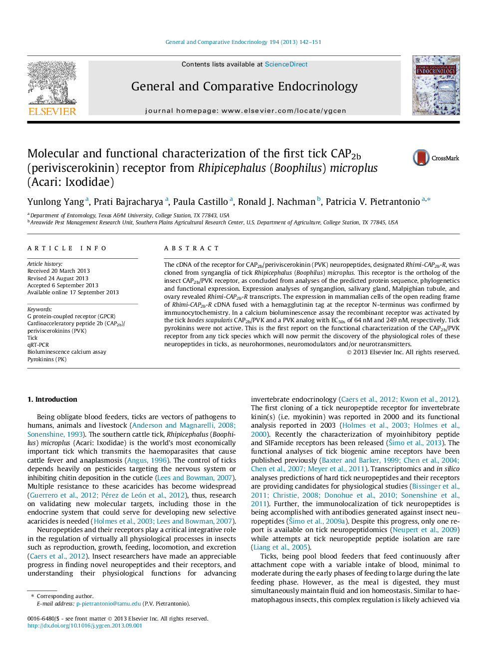 Molecular and functional characterization of the first tick CAP2b (periviscerokinin) receptor from Rhipicephalus (Boophilus) microplus (Acari: Ixodidae)