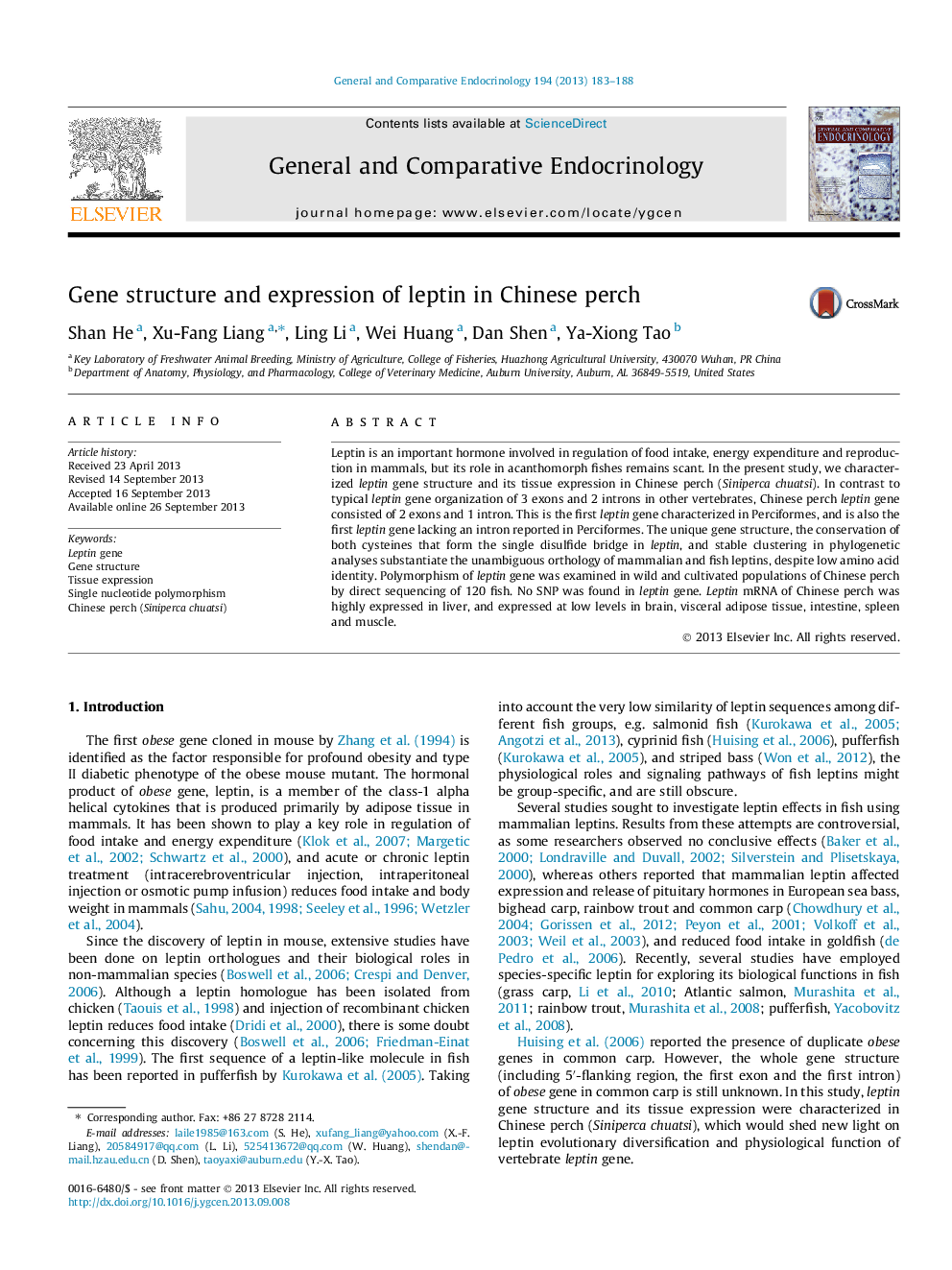 Gene structure and expression of leptin in Chinese perch