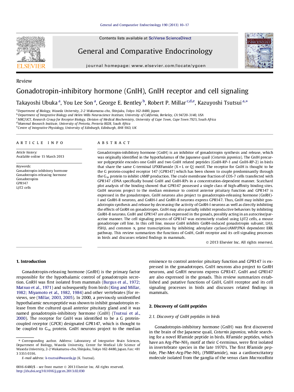 Gonadotropin-inhibitory hormone (GnIH), GnIH receptor and cell signaling