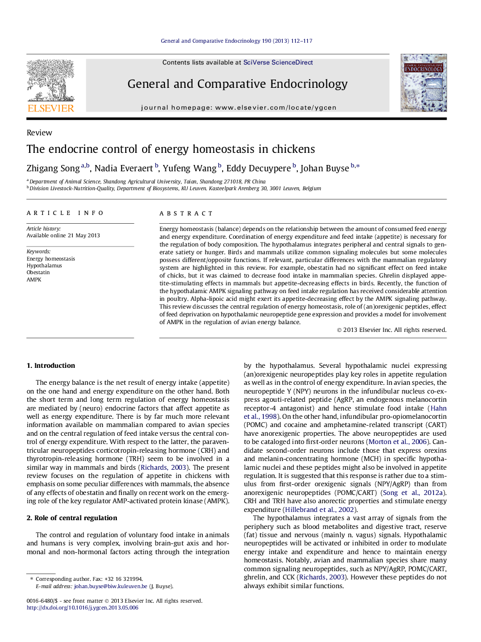 The endocrine control of energy homeostasis in chickens