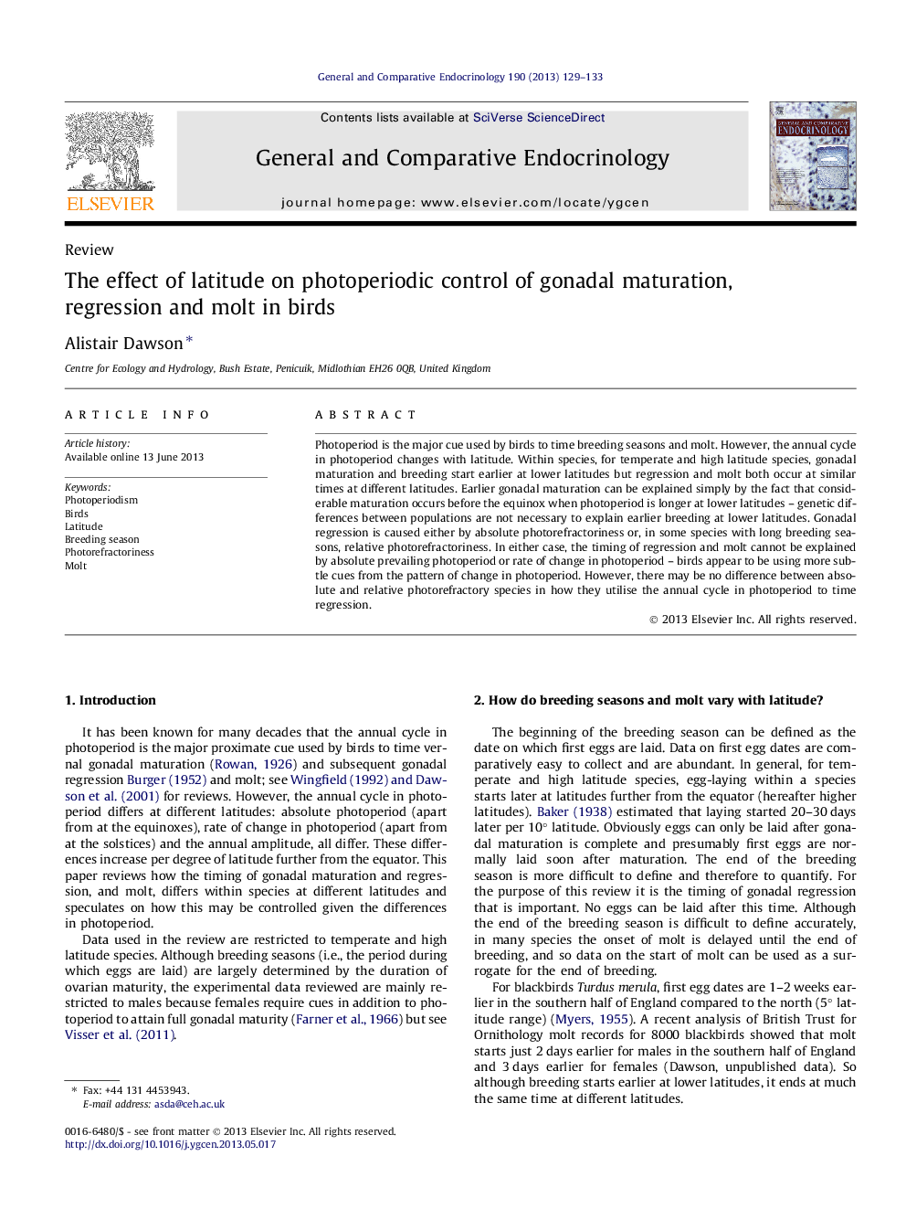 The effect of latitude on photoperiodic control of gonadal maturation, regression and molt in birds