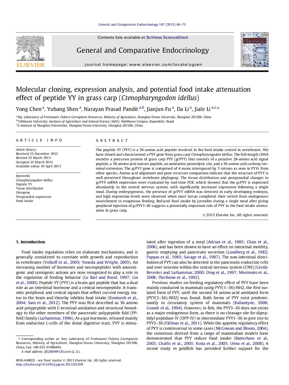 Molecular cloning, expression analysis, and potential food intake attenuation effect of peptide YY in grass carp (Ctenopharyngodon idellus)