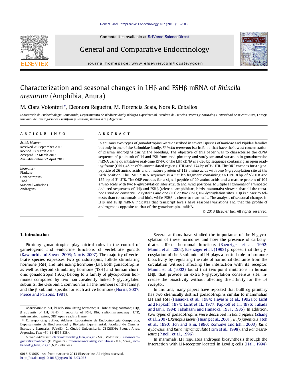 Characterization and seasonal changes in LHÎ² and FSHÎ² mRNA of Rhinella arenarum (Amphibia, Anura)