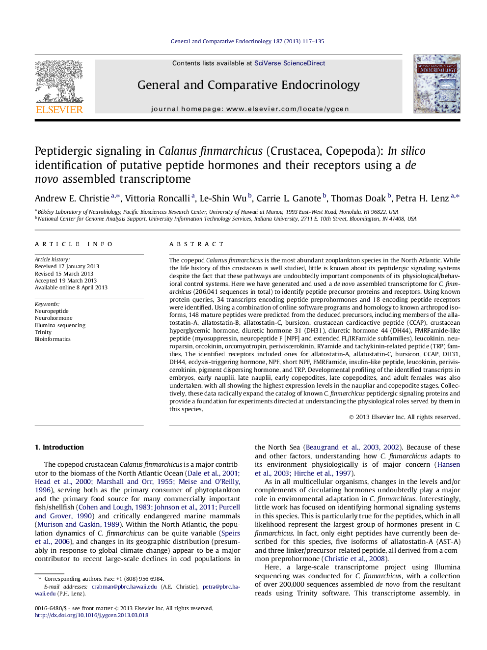 Peptidergic signaling in Calanus finmarchicus (Crustacea, Copepoda): In silico identification of putative peptide hormones and their receptors using a de novo assembled transcriptome