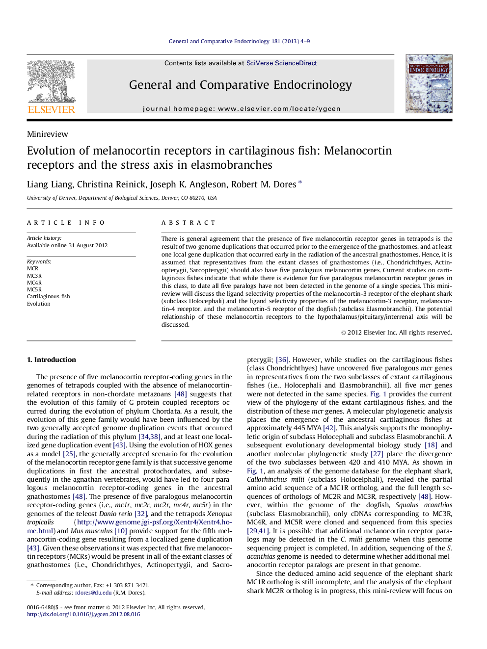 Evolution of melanocortin receptors in cartilaginous fish: Melanocortin receptors and the stress axis in elasmobranches