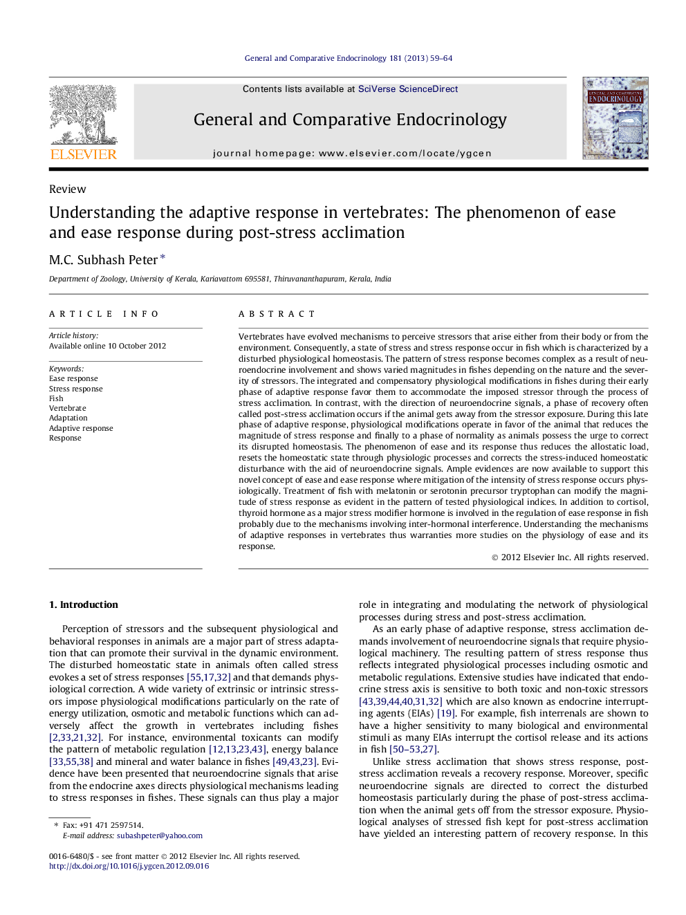 Understanding the adaptive response in vertebrates: The phenomenon of ease and ease response during post-stress acclimation