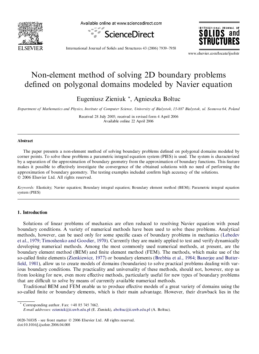 Non-element method of solving 2D boundary problems defined on polygonal domains modeled by Navier equation