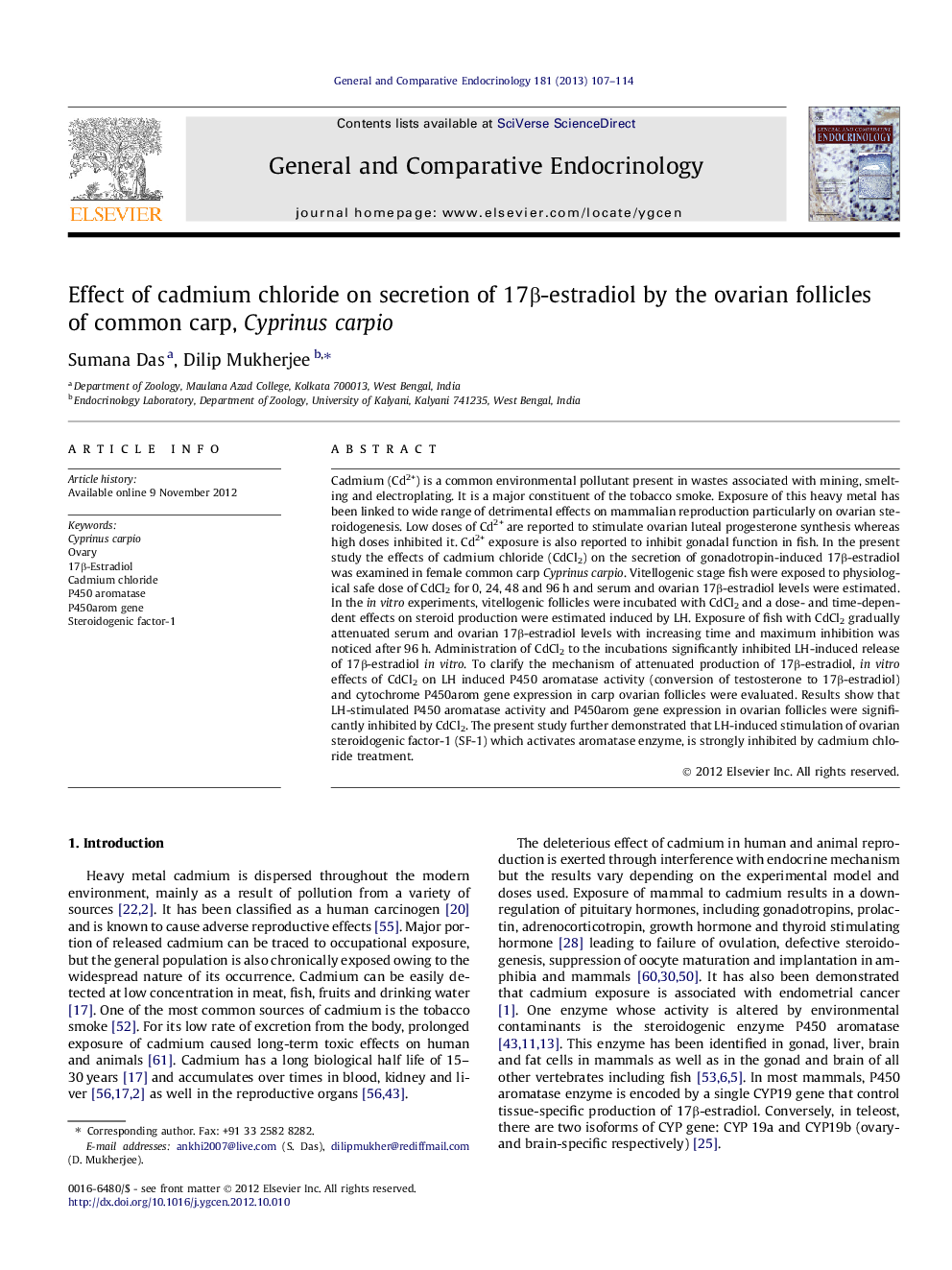 Effect of cadmium chloride on secretion of 17β-estradiol by the ovarian follicles of common carp, Cyprinus carpio