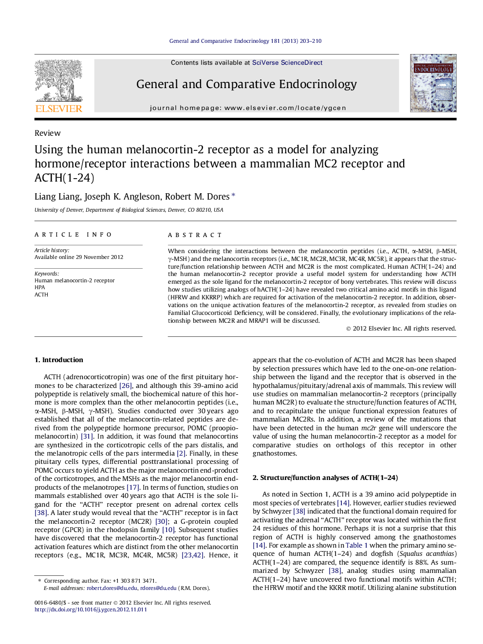 Using the human melanocortin-2 receptor as a model for analyzing hormone/receptor interactions between a mammalian MC2 receptor and ACTH(1-24)