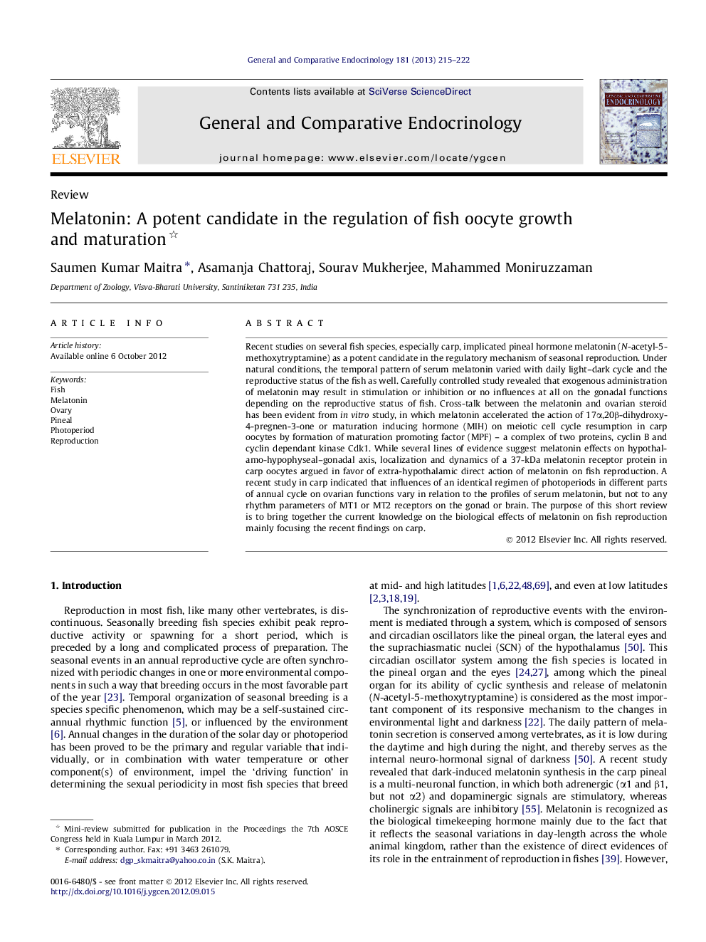 Melatonin: A potent candidate in the regulation of fish oocyte growth and maturation 