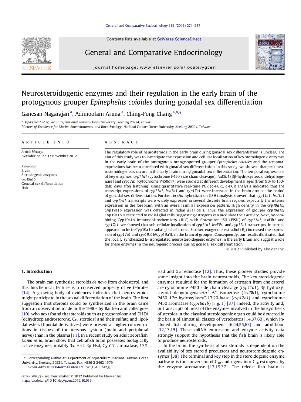 Neurosteroidogenic enzymes and their regulation in the early brain of the protogynous grouper Epinephelus coioides during gonadal sex differentiation