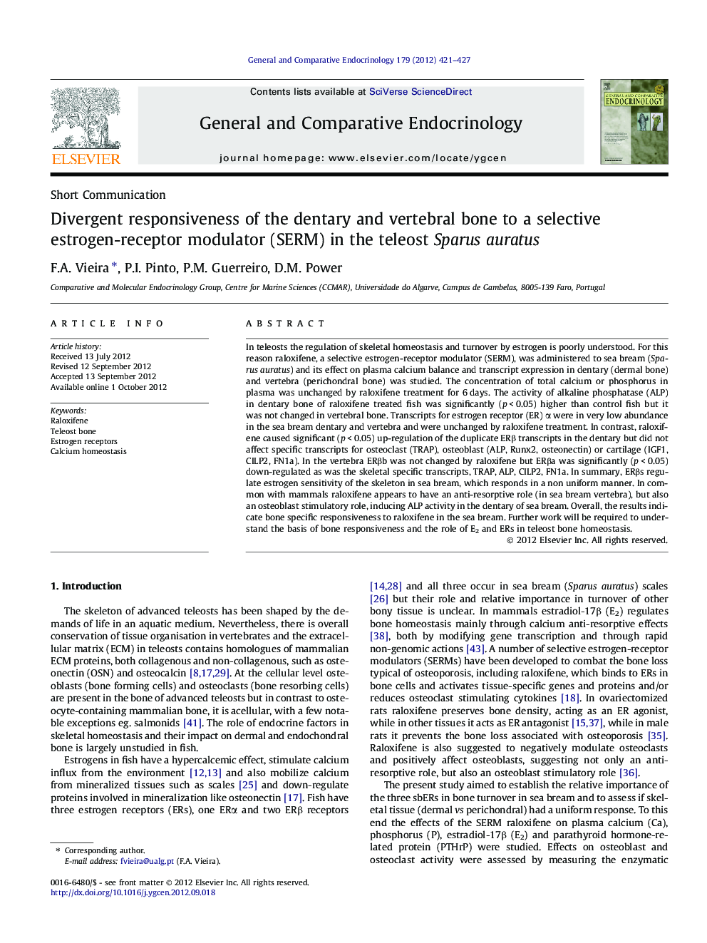 Divergent responsiveness of the dentary and vertebral bone to a selective estrogen-receptor modulator (SERM) in the teleost Sparus auratus