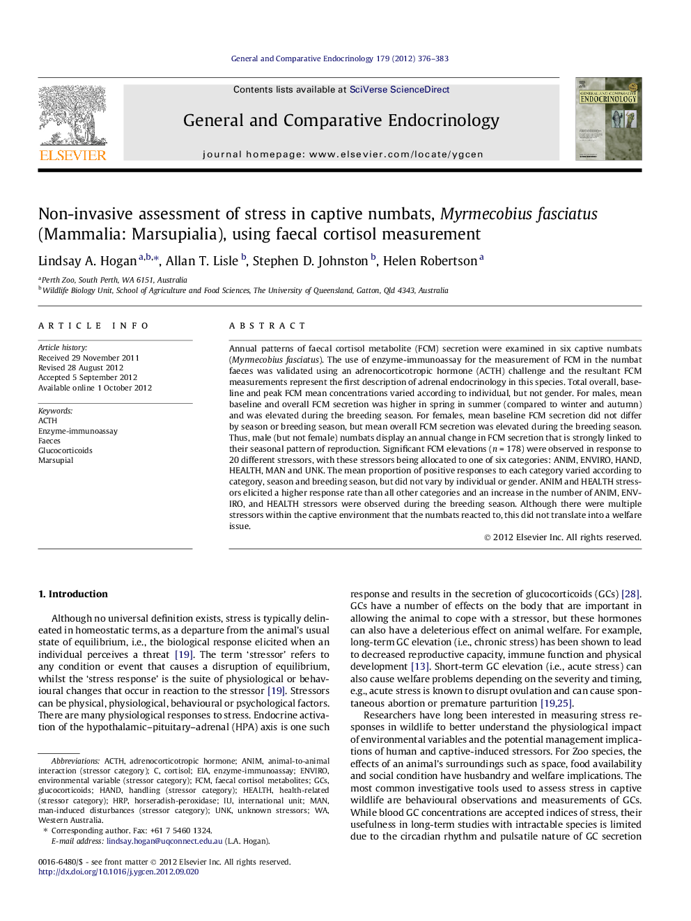 Non-invasive assessment of stress in captive numbats, Myrmecobius fasciatus (Mammalia: Marsupialia), using faecal cortisol measurement