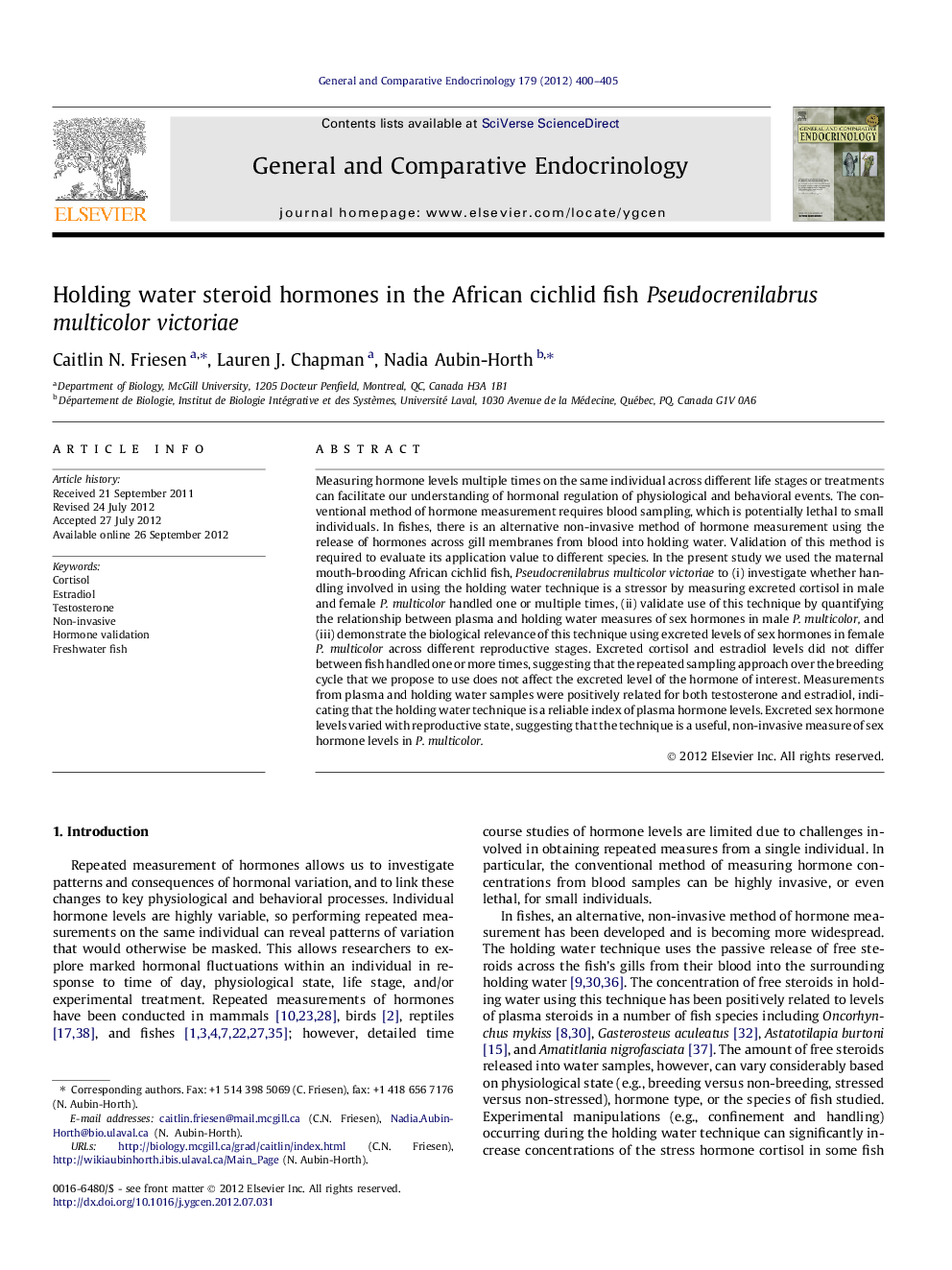 Holding water steroid hormones in the African cichlid fish Pseudocrenilabrus multicolor victoriae